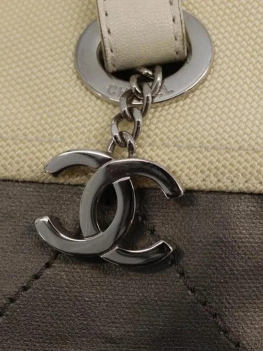 CHANEL Paris Biarritz GM Tote Bag Nylon Silver CC Auth BA10114